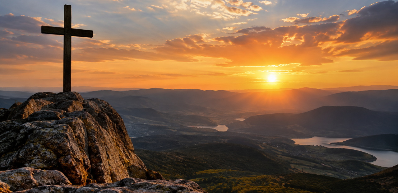 Cruz no alto de uma montanha diante do pôr do sol