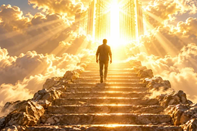 Homem subindo uma escadaria em direção a portões luminosos entre as nuvens