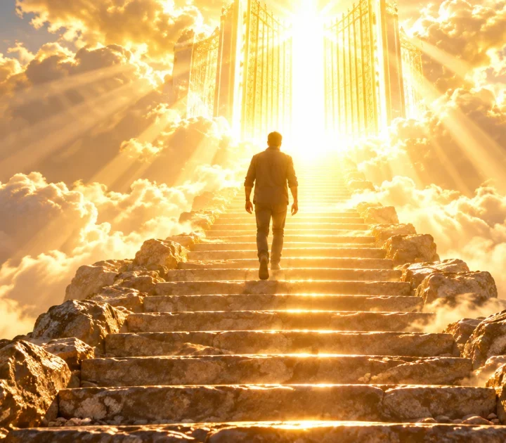 Homem subindo uma escadaria em direção a portões luminosos entre as nuvens