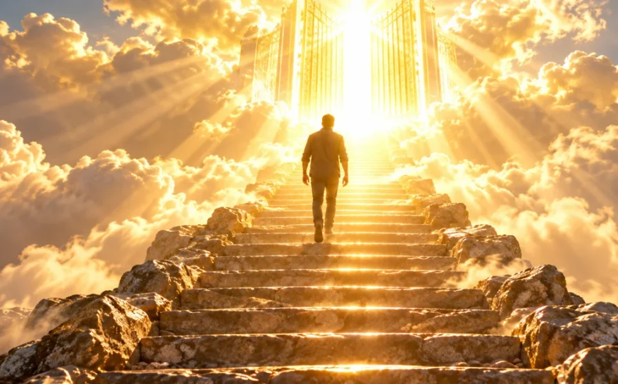 Homem subindo uma escadaria em direção a portões luminosos entre as nuvens